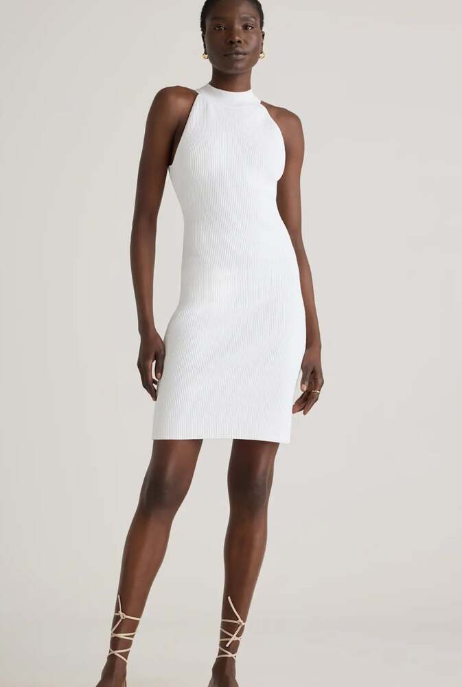 High Neck Ribbed Knit Mini‎ Dress in White